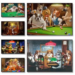 Dogs Playing Billiard and Poker Fun Paintings Printed on Canvas