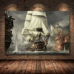 Sailing Ships in Battle Painting Printed on Canvas