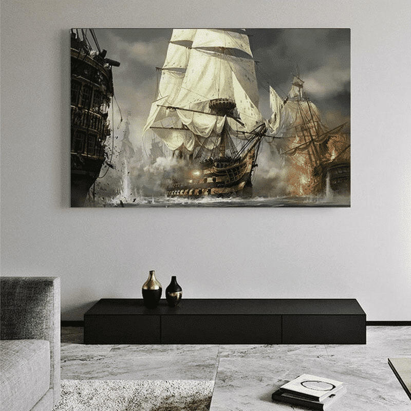 Sailing Ships in Battle Painting Printed on Canvas