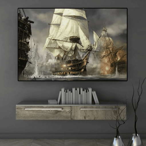 Sailing Ships in Battle Painting Printed on Canvas