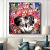 Little Kids Kissing Graffiti Painting Printed on Canvas