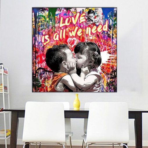 Little Kids Kissing Graffiti Painting Printed on Canvas