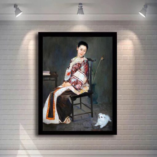 Painting of a Chinese Woman and a Small Dog Printed on Canvas - Image 3