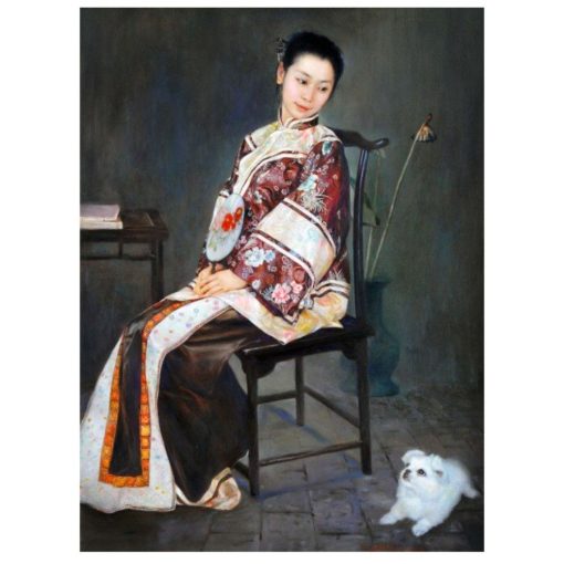 Painting of a Chinese Woman and a Small Dog Printed on Canvas - Image 2