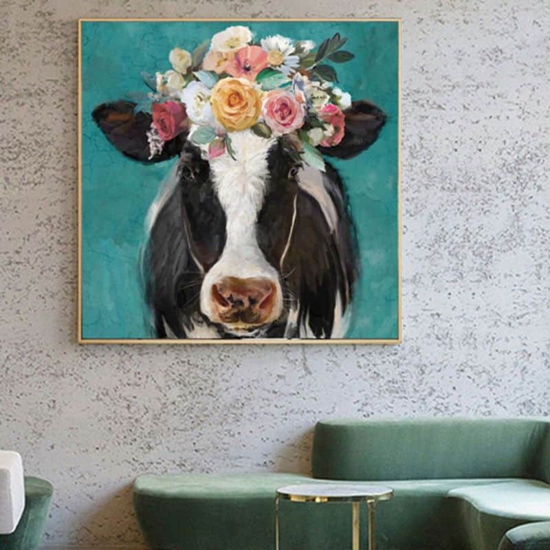 A Cow Wearing Flowers Painting Printed on Canvas