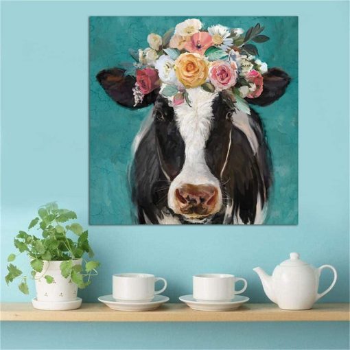 A Cow Wearing Flowers Painting Printed on Canvas - Image 3