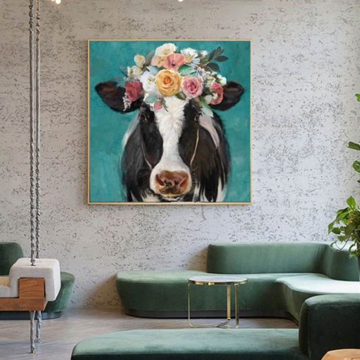 A Cow Wearing Flowers Painting Printed on Canvas - Image 4