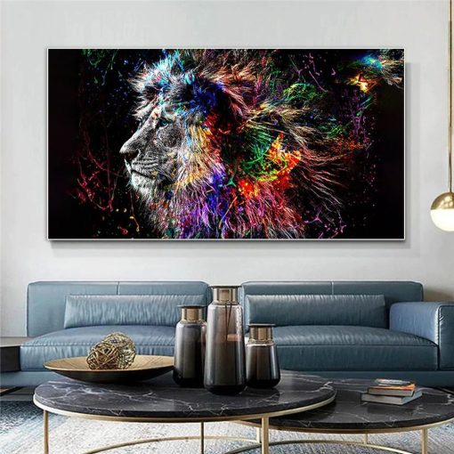 Colorful Painting of Lion Printed on Canvas