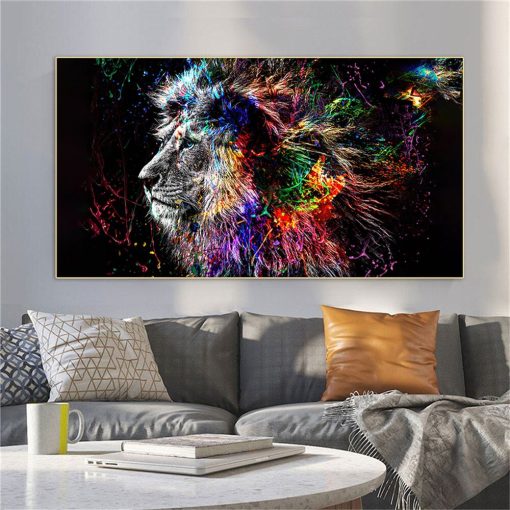 Colorful Painting of Lion Printed on Canvas