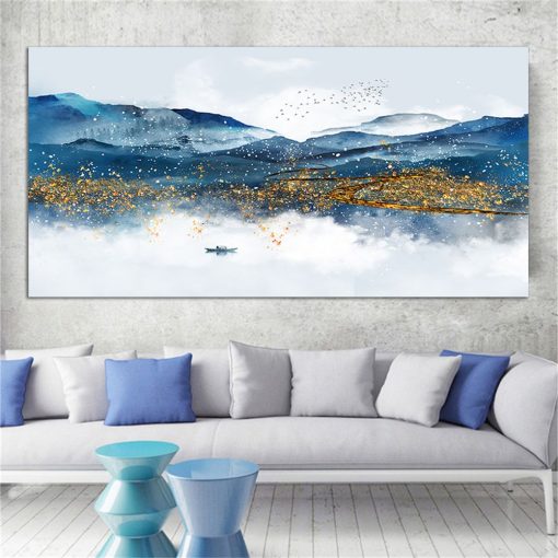 Blue and Golden Mountain Landscape Painting Printed on Canvas