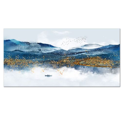 Blue and Golden Mountain Landscape Painting Printed on Canvas - Image 2