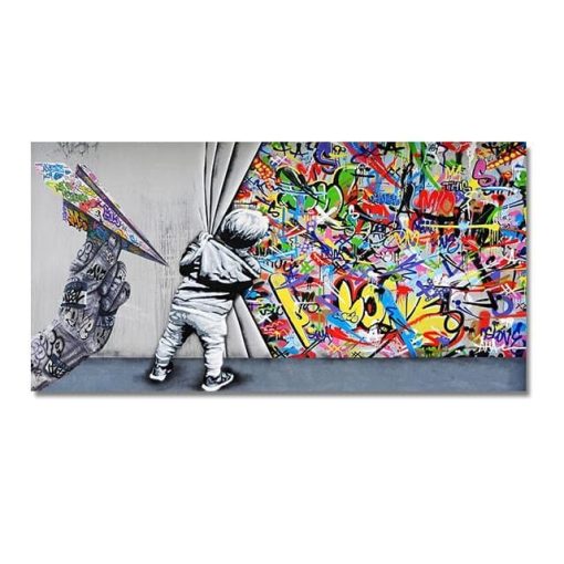 Behind the Curtain Graffiti Art in Banksy Style Printed on Canvas - Image 4