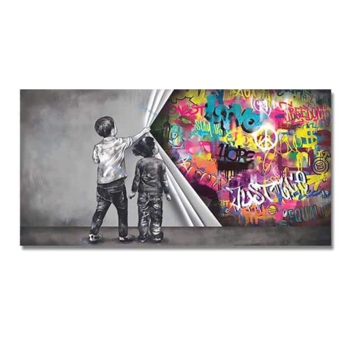 Behind the Curtain Graffiti Art in Banksy Style Printed on Canvas - Image 5