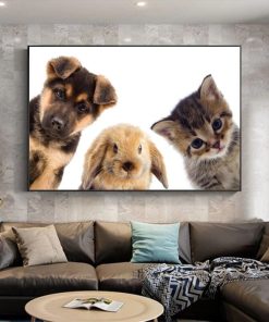 Curious Cute Animals Dog Rabbit and Cat Printed on Canvas