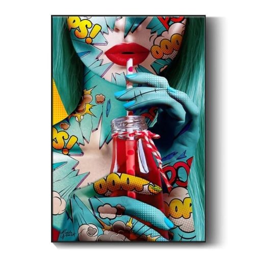 Graffiti Artwork of Woman Drinking Printed on Canvas - Image 2