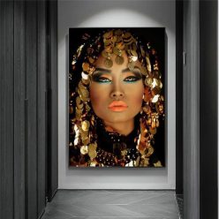 Woman with Makeup and Gold Plates Printed on Canvas