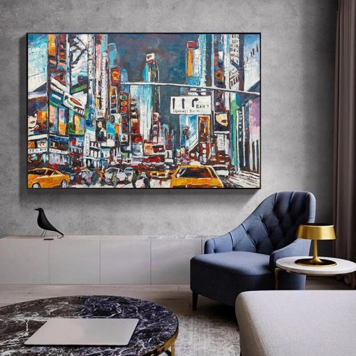 New York Street At Night Abstract Painting Printed on Canvas