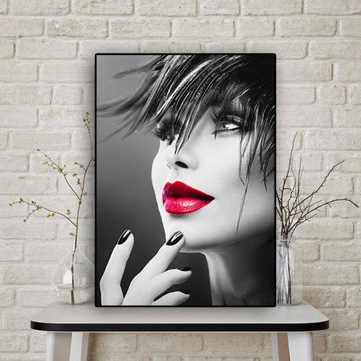 Portrait of Woman with Red Lips Artwork Printed on Canvas