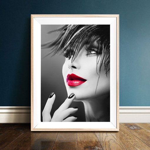 Portrait of Woman with Red Lips Artwork Printed on Canvas