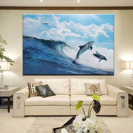 Seascape Artwork With Dolphins Printed on Canvas - Image 5