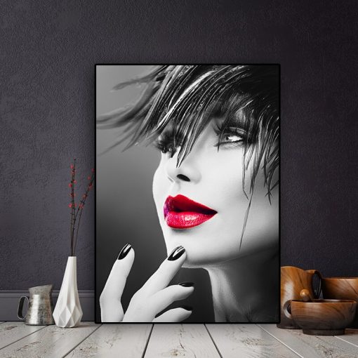 Portrait of Woman with Red Lips Artwork Printed on Canvas