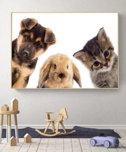 Curious Cute Animals Dog Rabbit and Cat Printed on Canvas