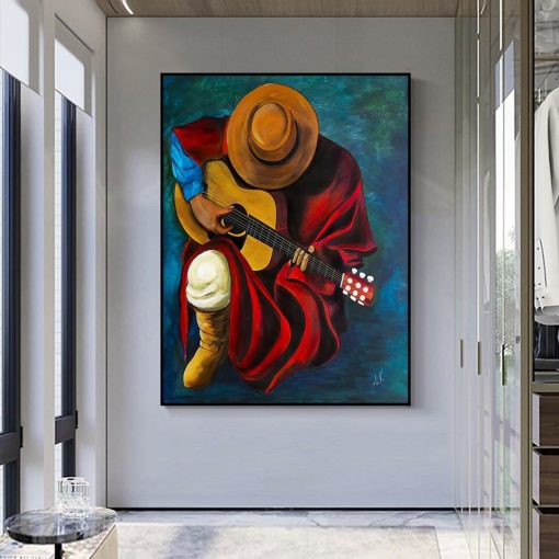 Cowboy Playing On Guitar Painting Printed on Canvas