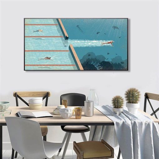 Swimmer Going To The Blue Ocean Painting Printed on Canvas - Image 5