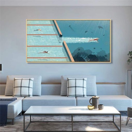 Swimmer Going To The Blue Ocean Painting Printed on Canvas - Image 3