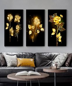 Golden Flowers and Tree Leaves Painting Printed on Canvas