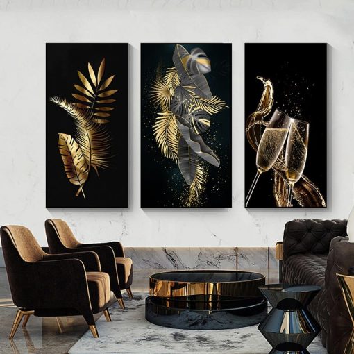 Golden Flowers and Tree Leaves Painting Printed on Canvas - Image 2