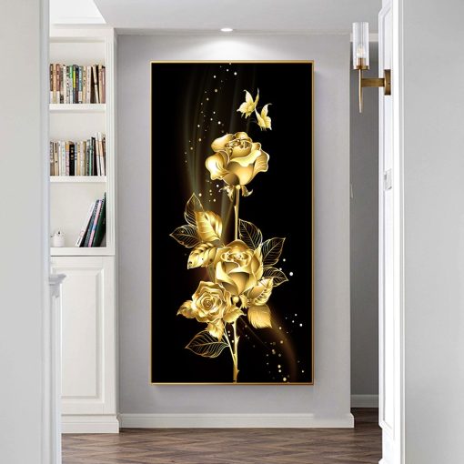 Golden Flowers and Tree Leaves Painting Printed on Canvas - Image 11