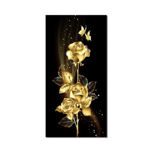 Golden Flowers and Tree Leaves Painting Printed on Canvas - Image 3