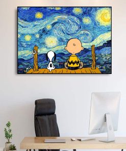 Snoopy & Charlie Watching The Starry Night Printed on Canvas