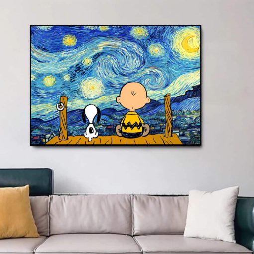 Snoopy and Charlie Watching The Starry Night Printed on Canvas