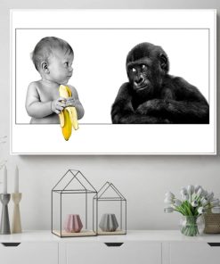 Ape Watching Baby Holding Banana Printed on Canvas