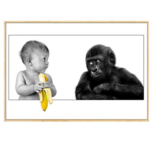 Ape Watching Baby Holding Banana Printed on Canvas - Image 2