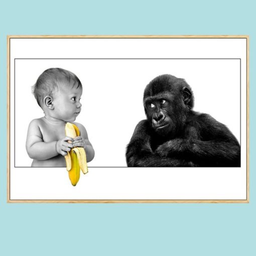 Ape Watching Baby Holding Banana Printed on Canvas - Image 3