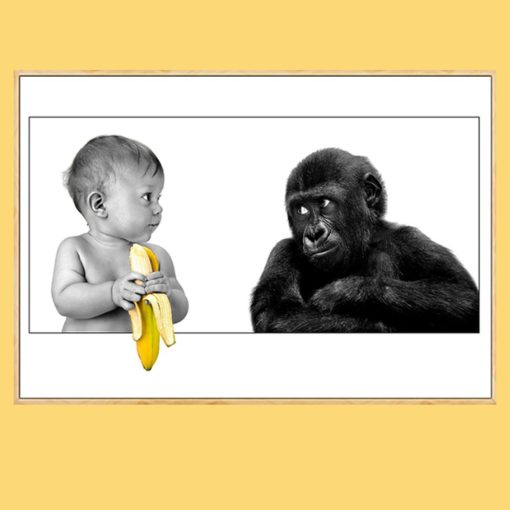 Ape Watching Baby Holding Banana Printed on Canvas - Image 4