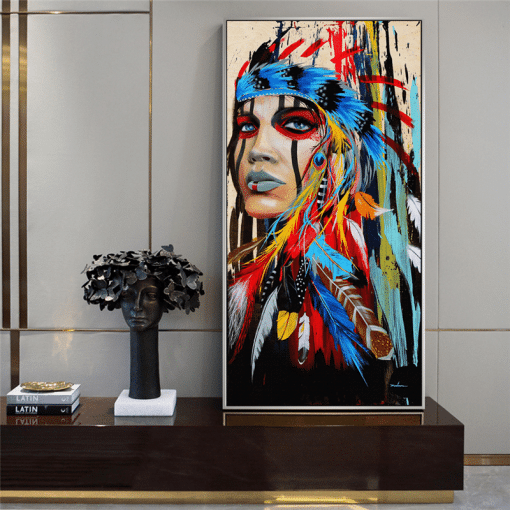 Colorful Native American Woman Printed on Canvas - Image 5