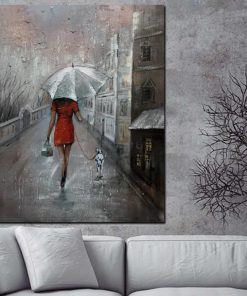 Woman Walk the Dog Painting Printed on Canvas