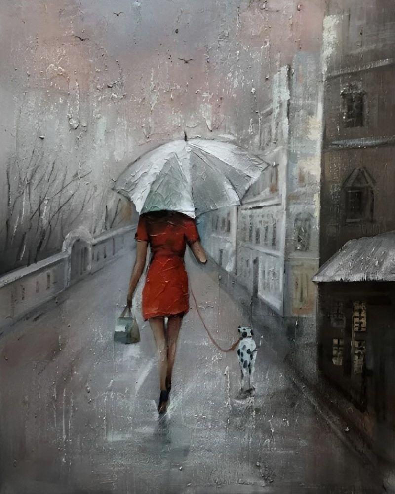 Woman Walk the Dog Painting Printed on Canvas