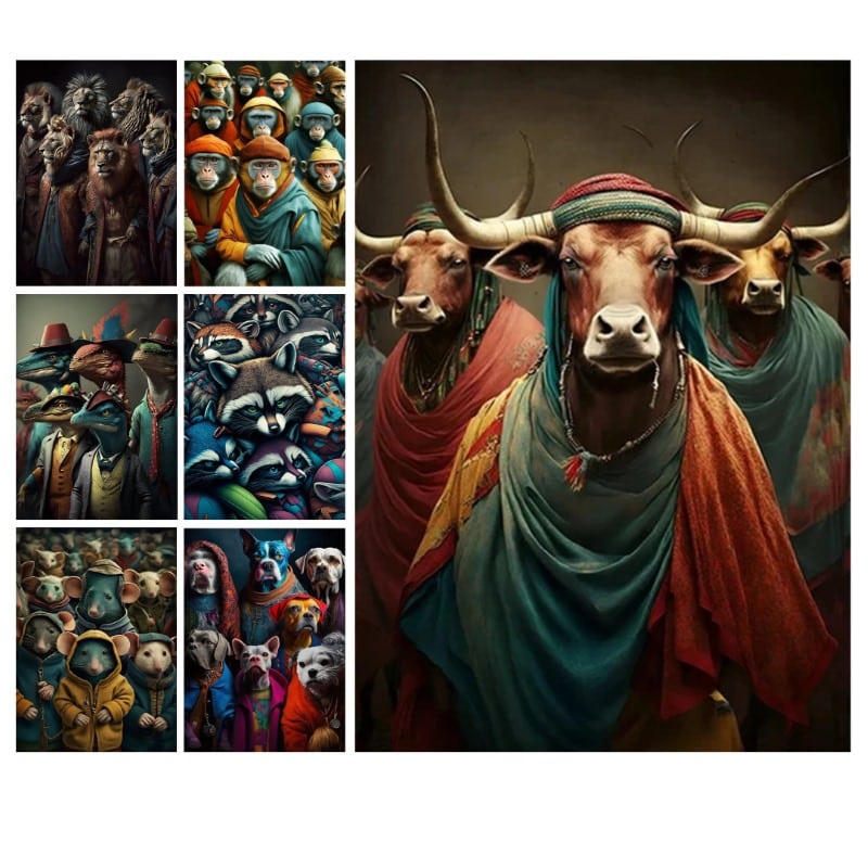 Animal in Clothes Colorful Artwork Printed on Canvas