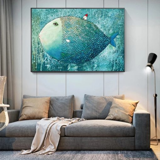 Large Fish Carrying a House Artwork Printed on Canvas