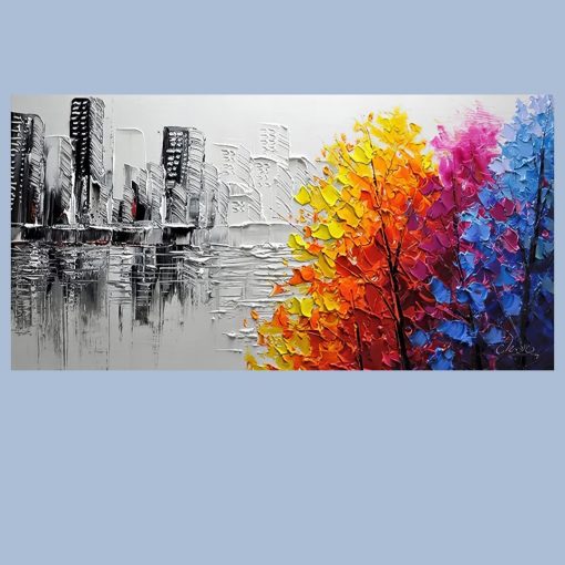 Cityscape and Trees Abstract Painting Printed on Canvas - Image 3