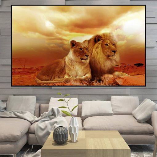 Lion and a Lioness Enjoying the View Printed on Canvas