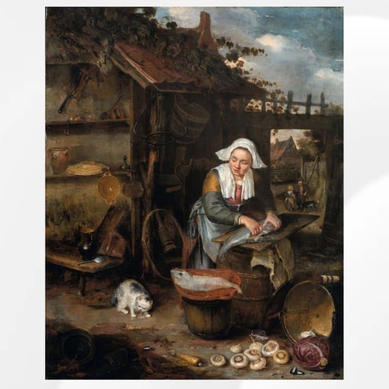 A Housewife Cleaning Fish in a Courtyard by Hendrik Potuyl